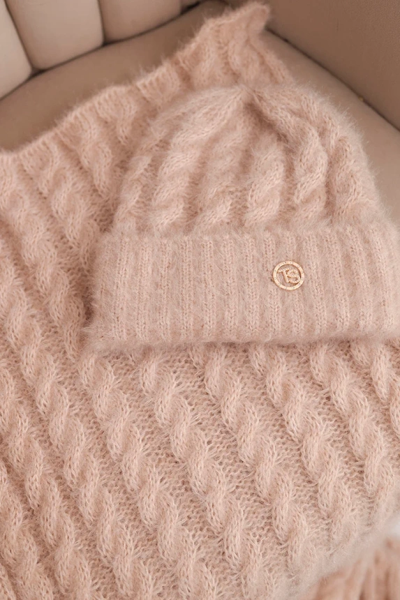 Women's set hat and scarf ribbed with decoration beige