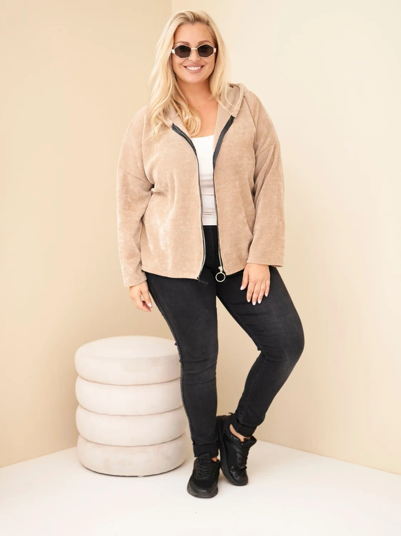 Women’s Plus Size corduroy hoodie sweatshirt with a zipper oversized camel