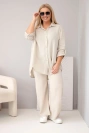 Dámský mušelínový komplet Plus Size s košilí zapínanou na knoflíky a s kalhotami s širokou nohavicí béžový