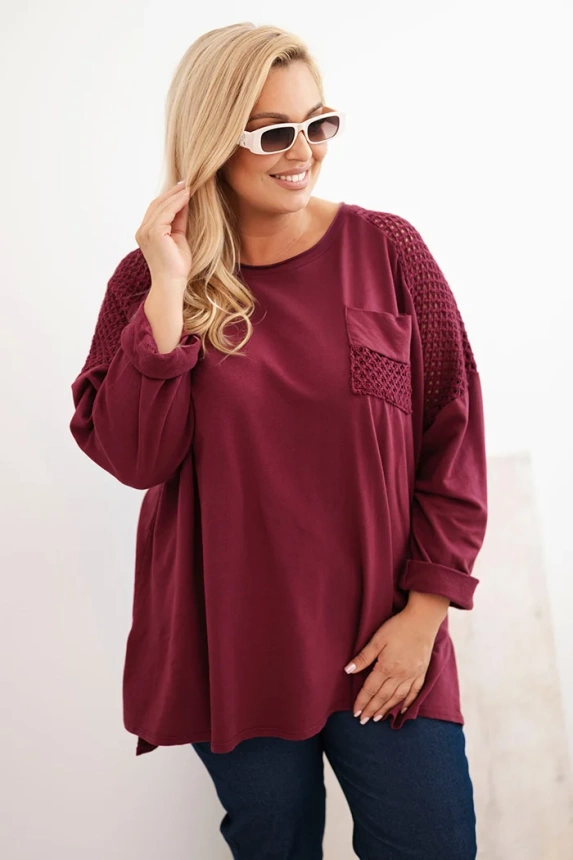 Damenbluse Plus Size aus Baumwolle mit Druck burgunderrot