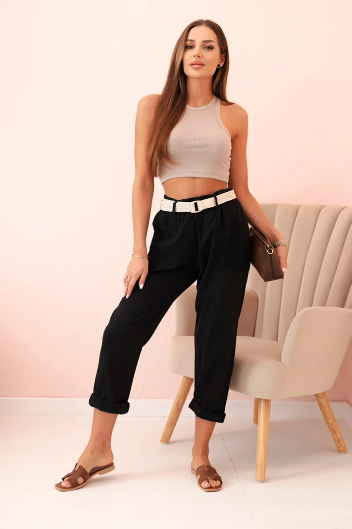 Women's linen cotton pants with a belt black