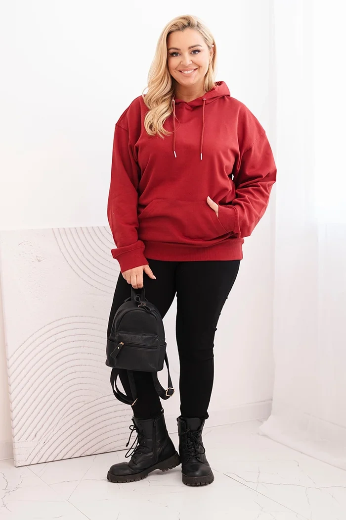 Dámská mikina s kapucí a klokankou Plus Size z bavlny bordová