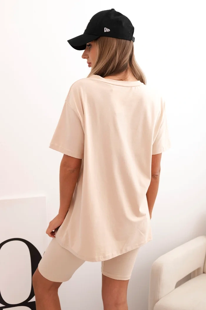Damen-Set aus Baumwolle mit kurzen Ärmeln und Shorts beige