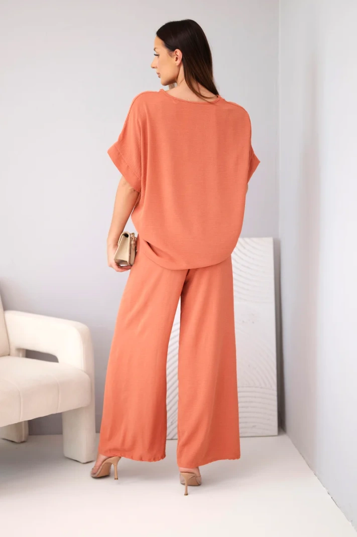 Women's viscose set with a decorative flower and wide-leg trousers ginger