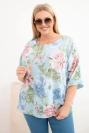 Dámska bavlnená blúzka Plus Size s krátkym rukávom a kvetinovým vzorom modrá