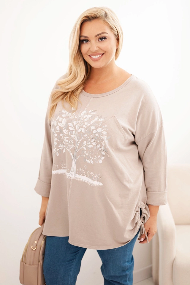 Bluza damska Plus Size bawełniana z nadrukiem drzewa beżowa