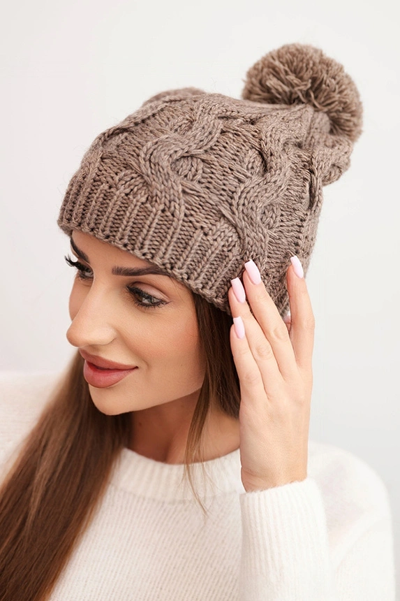 Women's winter wool hat with zirconia and pattern K455 mocha