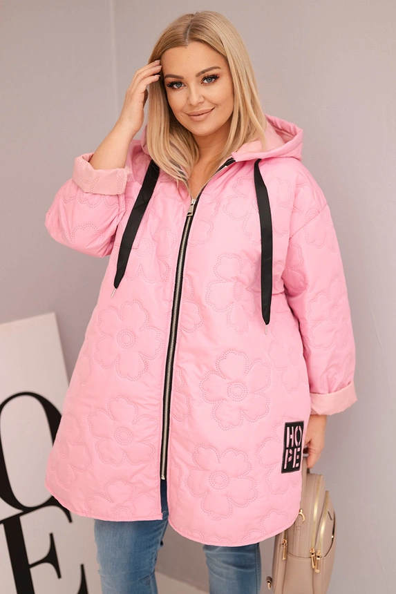 Women's Plus Size quilted jacket with a hood and the word HOPE candy pink