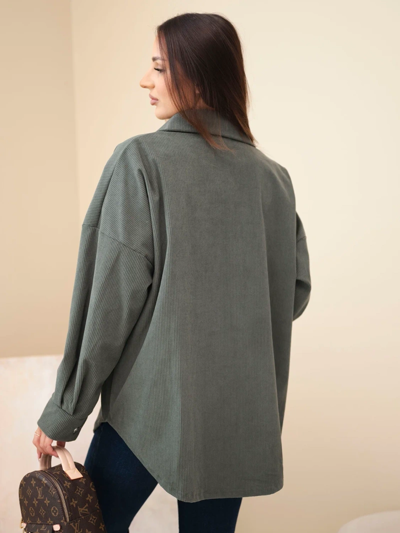 Damenshirt aus Baumwolle, Cord, Oversize, mit Taschen und langen Ärmeln khaki