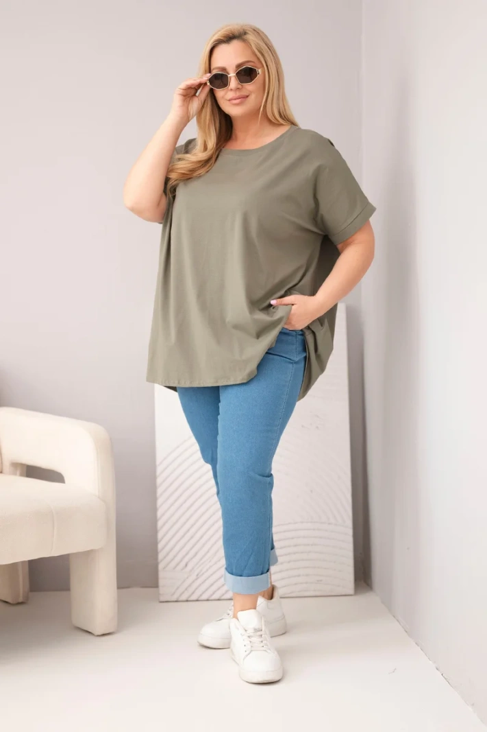 Dámská halenka Plus Size bavlněná s krátkým rukávem khaki