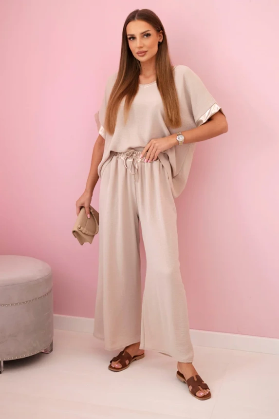 Viskose-Set mit goldener Einfassung Dunkelbeige