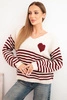 Women's striped sweater with a heart, made of mohair and featuring a V-neck, burgundy