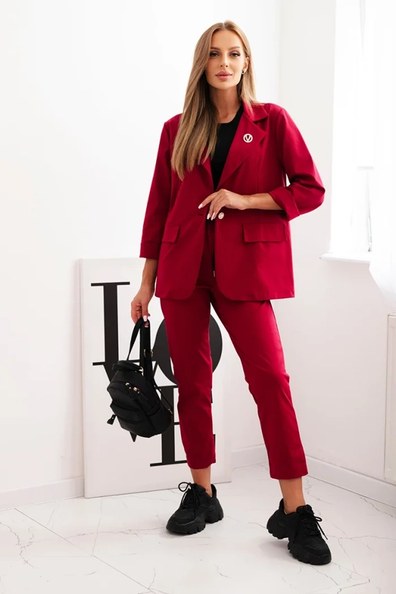 Moteriškas komplektas Punto elegantiškas švarkas ir kelnės bordo