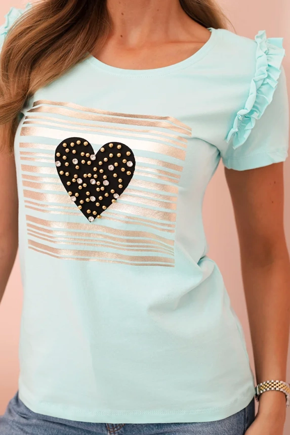 Women's cotton blouse with ruffle and heart made of rhinestones mint