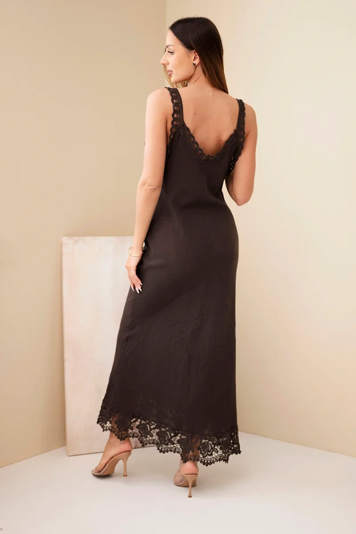 Dámské bavlněné maxi šaty s krajkou hnědá