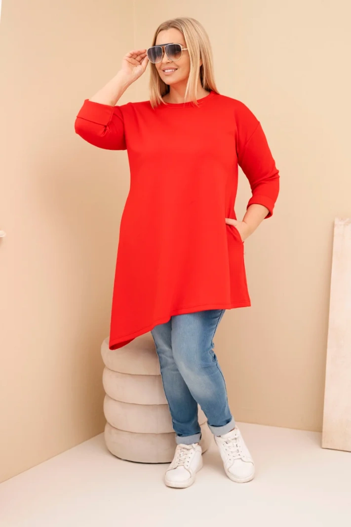 Damenkleid Plus Size aus Viskose mit lockerer Passform und langen Ärmeln rot
