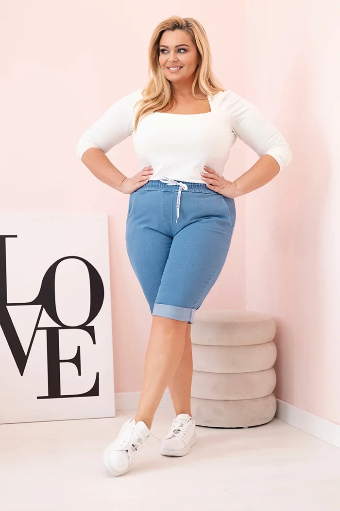 Spodenki damskie bawełniane Plus Size z wiązaniem jasno jeansowe zdjęcie 1