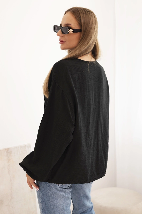 Women's blouse with viscose, gathered neckline and embellishment black