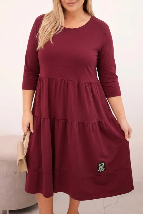 Cotton Plus Size women's dress with ruffles and rolled sleeves burgundy