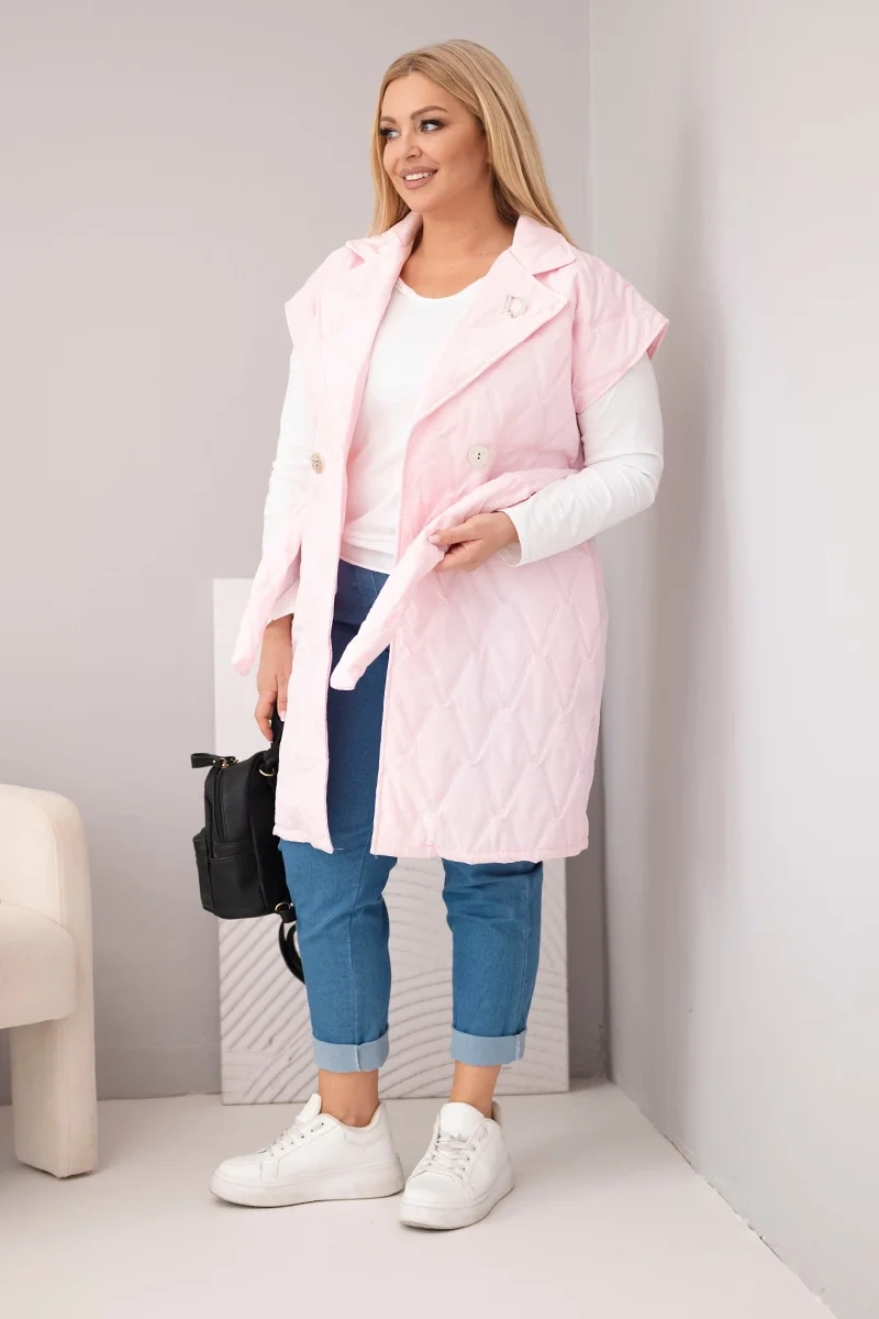 Kamizelka damska Plus Size pikowana z paskiem i kołnierzem cukierkowy róż