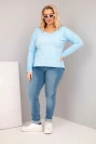 Plus Size women's blouse with a V-neck and longer back blue