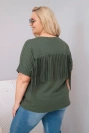 Dámska bavlnená blúzka Plus Size s výstrihom do V a strapcami na chrbte khaki