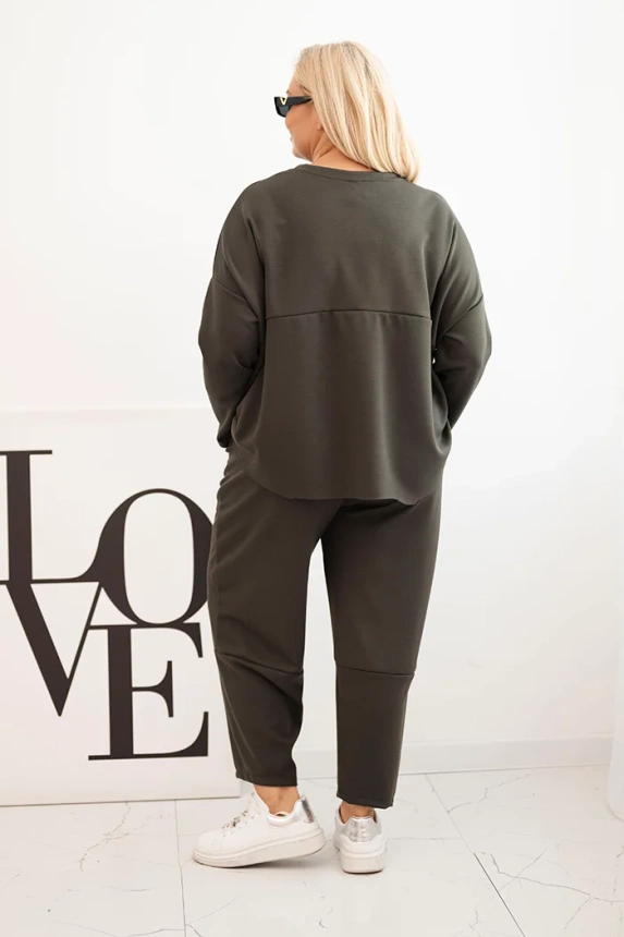 Komplet dámský Plus Size máslová mikina a kalhoty s kapsami khaki