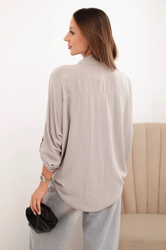 Women's shirt with viscose, featuring decorative buttons and a collar, dark beige