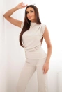 Damenset mit geraffter Bluse und weiten Hosen beige