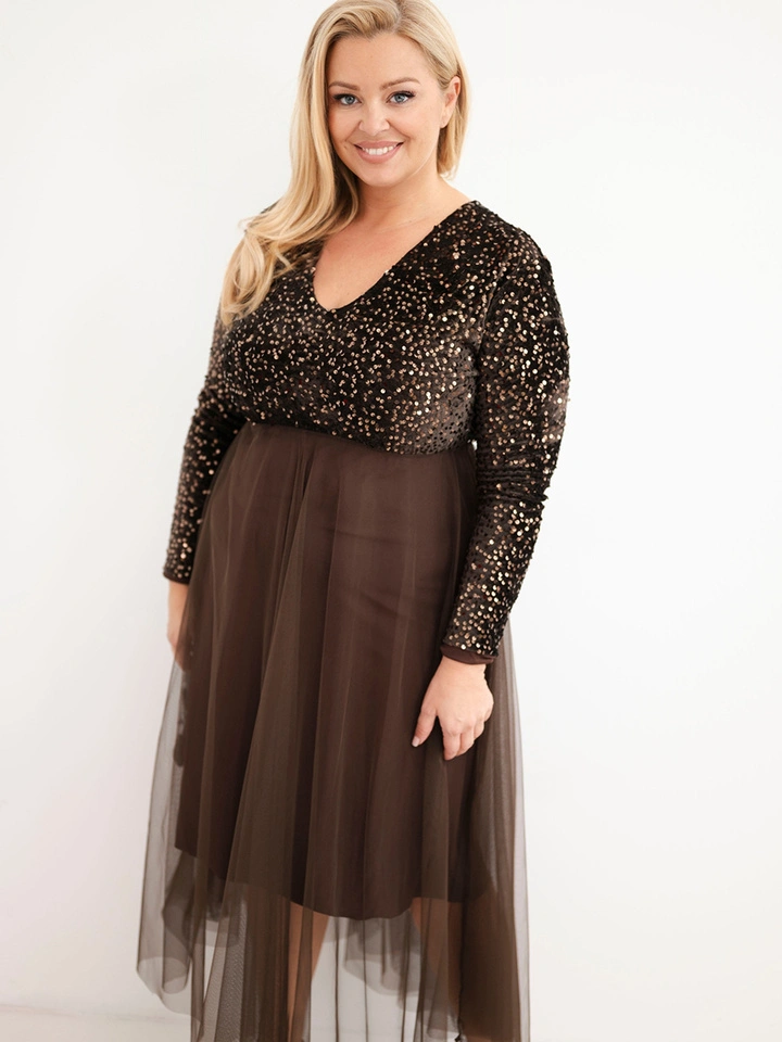 Sukienka damska Plus Size z cekinami z dodatkiem wiskozy czekoladowa