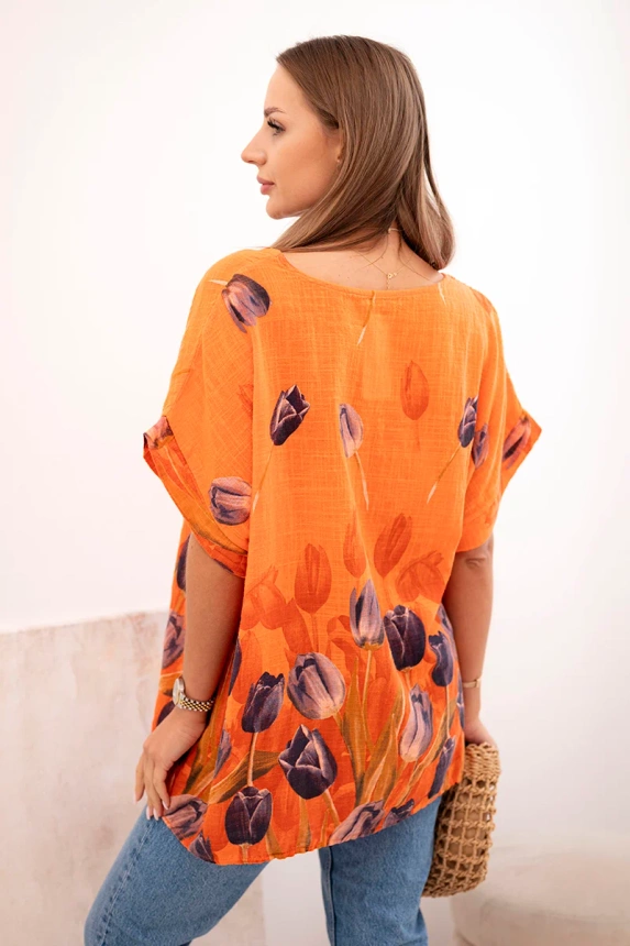 Women's cotton shirt with a floral pattern orange