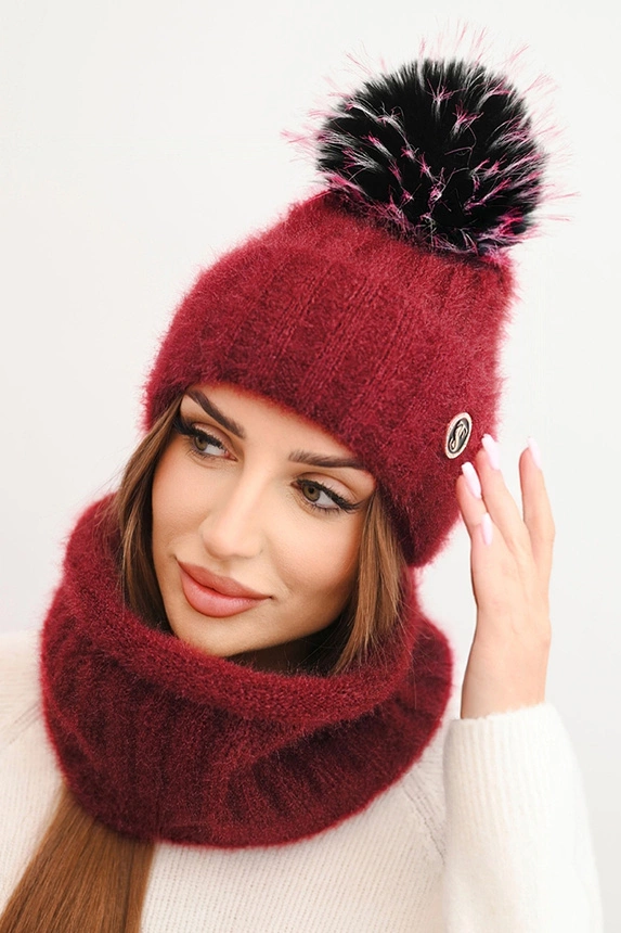 Damen Winterset mit Pompon und Schal bordeaux
