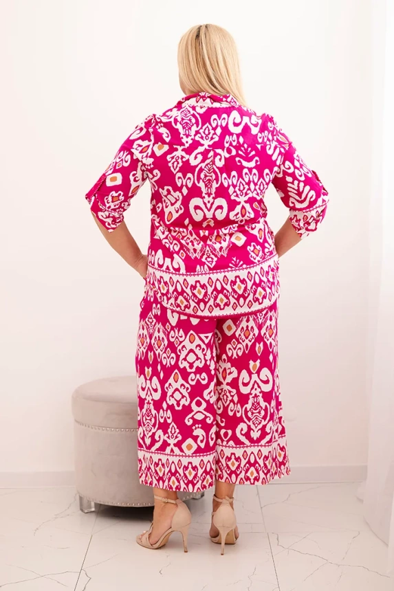 Dámská plus size viskózová souprava s geometrickým potiskem fuchsiová