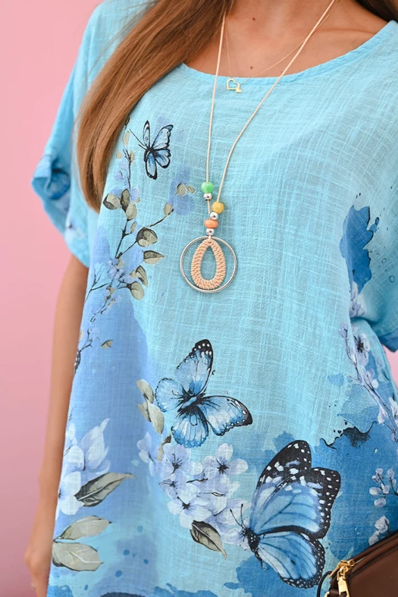 Women's cotton shirt with butterflies and flowers turquoise
