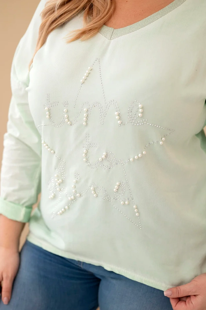 Damenbluse Plus Size mit Aufdruck und Perlen mintgrün