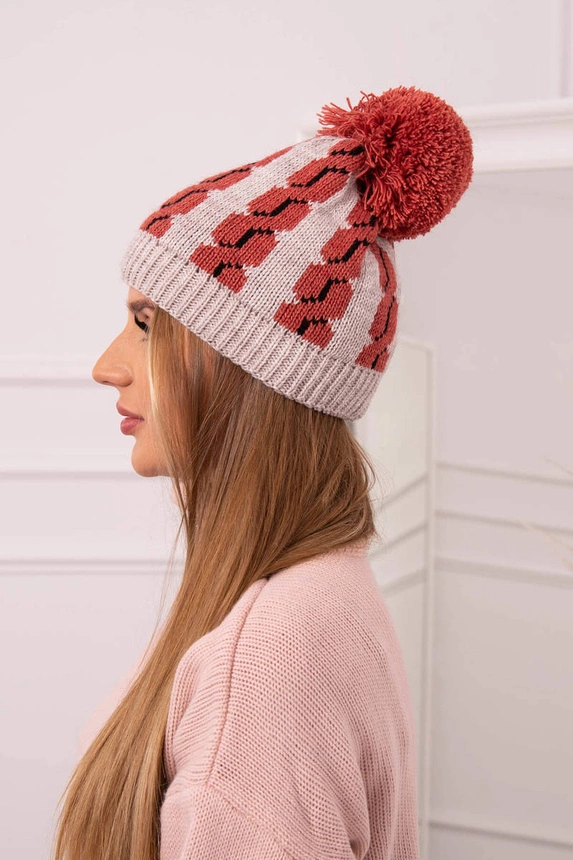 Damenmütze mit Bommel Rozalia K323 rot+beige