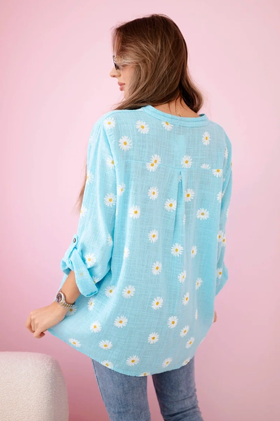 Linen Women's Blouse with Floral Pattern, Long Sleeves, and Buttons Mint