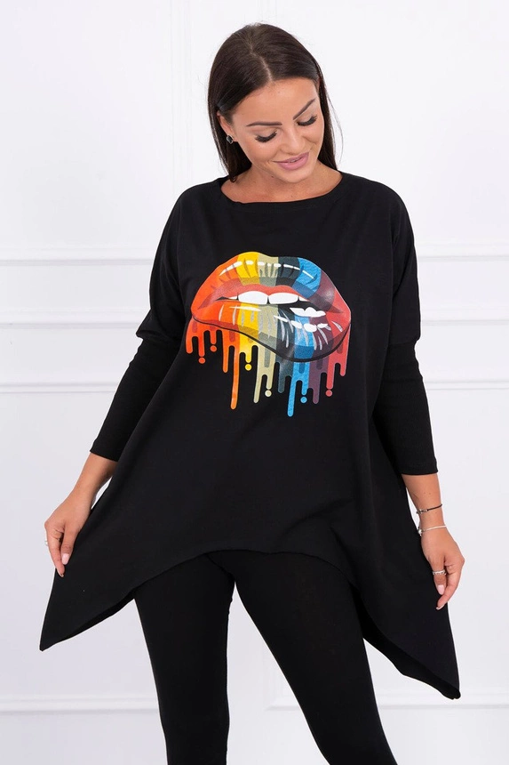 Oversize-Bluse mit Regenbogen-Lippen-Print schwarz