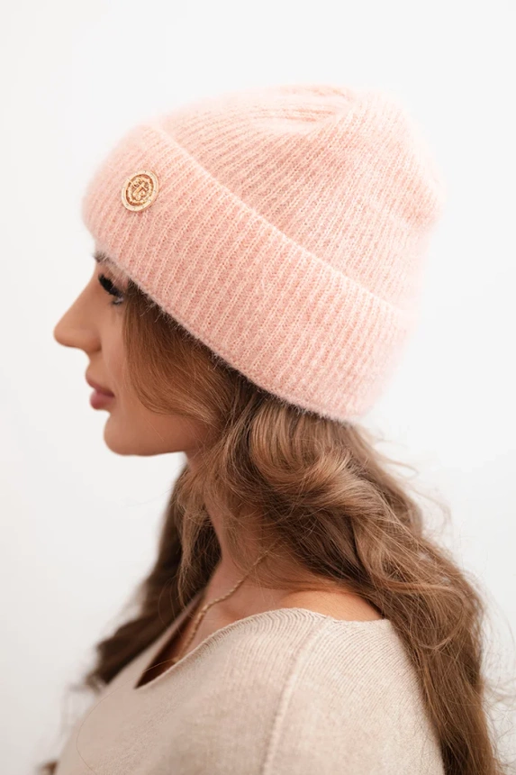 Women's winter fluffy hat with decorative button salmon