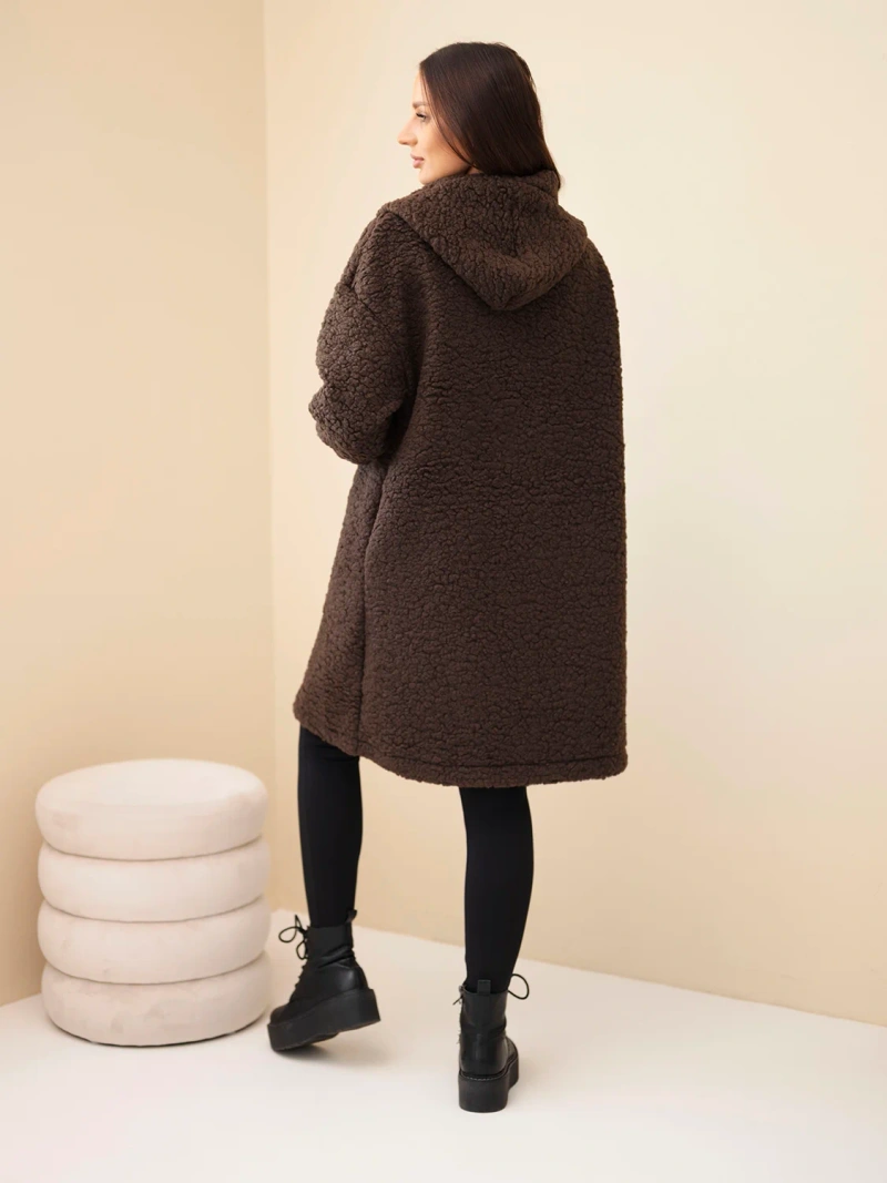 A coat women's made of polyester with a hood and buttons brown