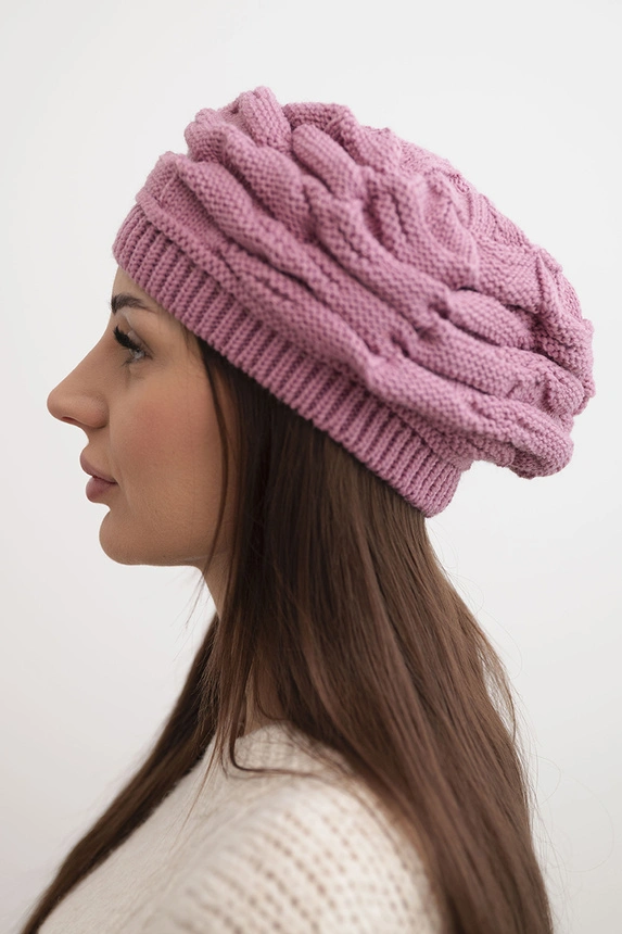 Women's winter wool hat with decorative braid and studs K397 purple