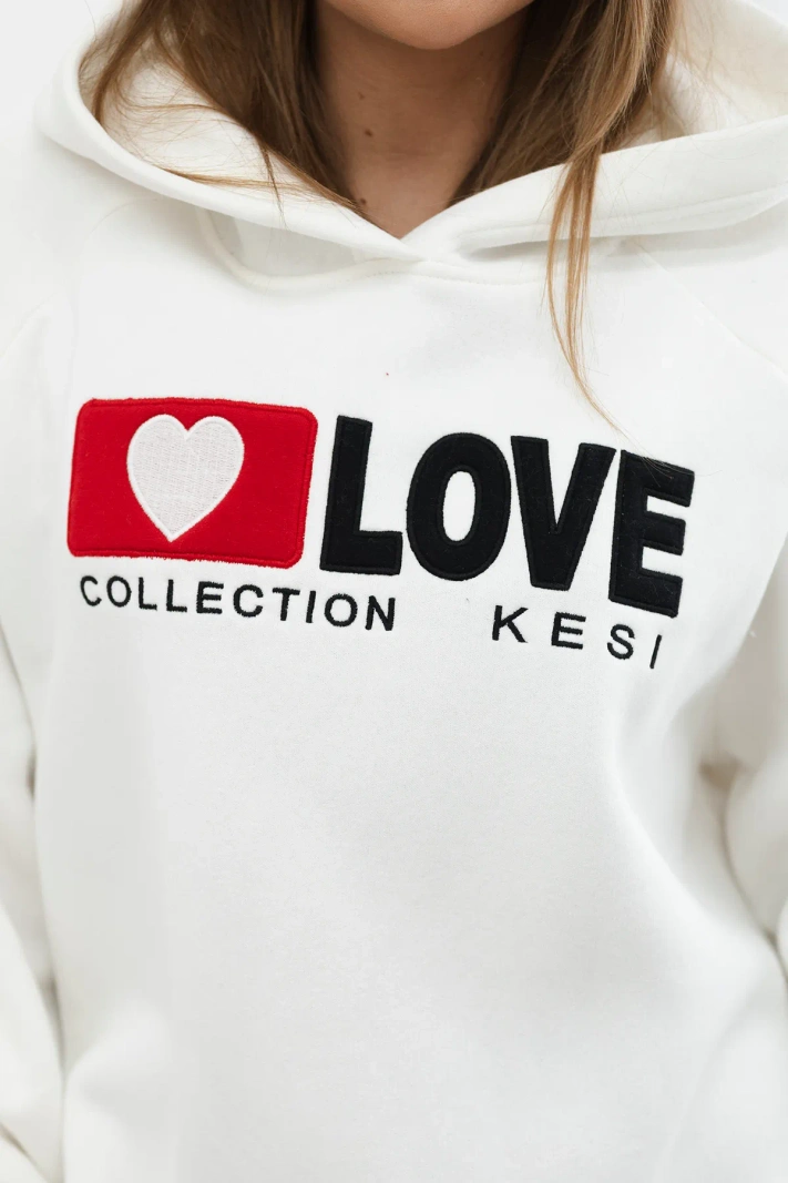 Zateplená bavlnená mikina s kapucňou Love ecru