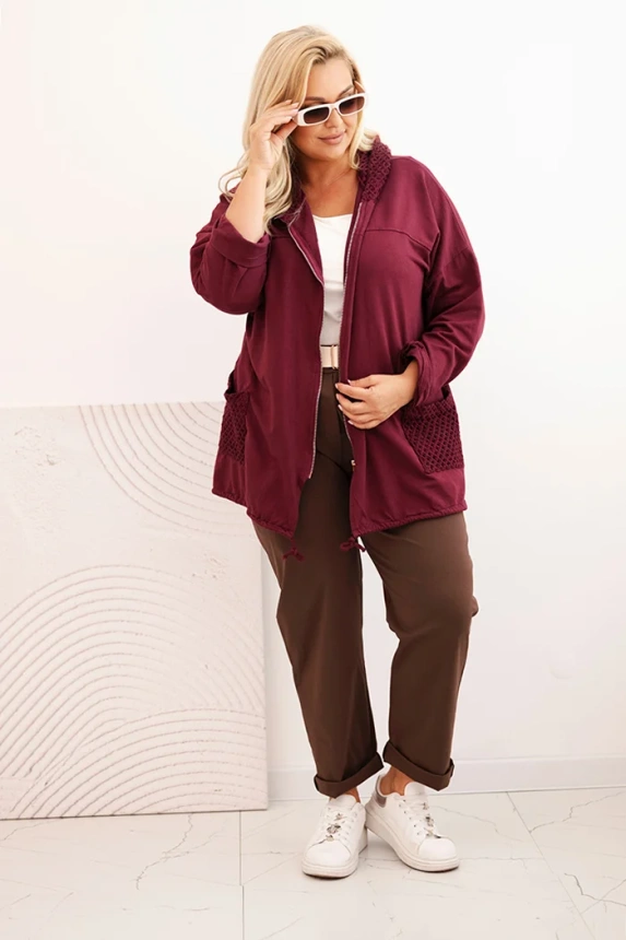 Dámska mikina Plus Size bavlnená oversize s dlhým rukávom bordová