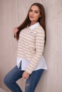 Striped cotton blouse with collar light beige+dark beige