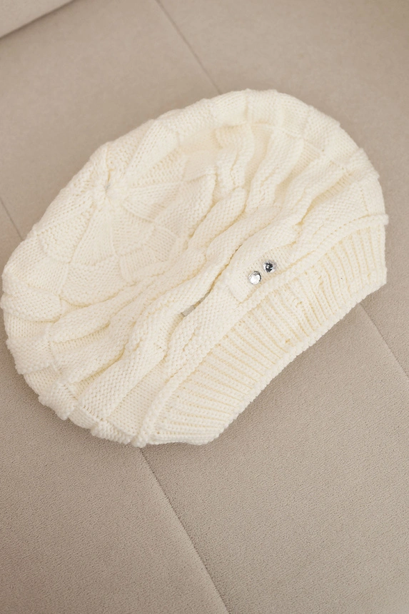 Women's winter wool hat with decorative crystals K399 ecru