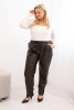 Spodnie damskie Plus Size z ekoskóry z wysokim stanem i gumką w pasie brązowe