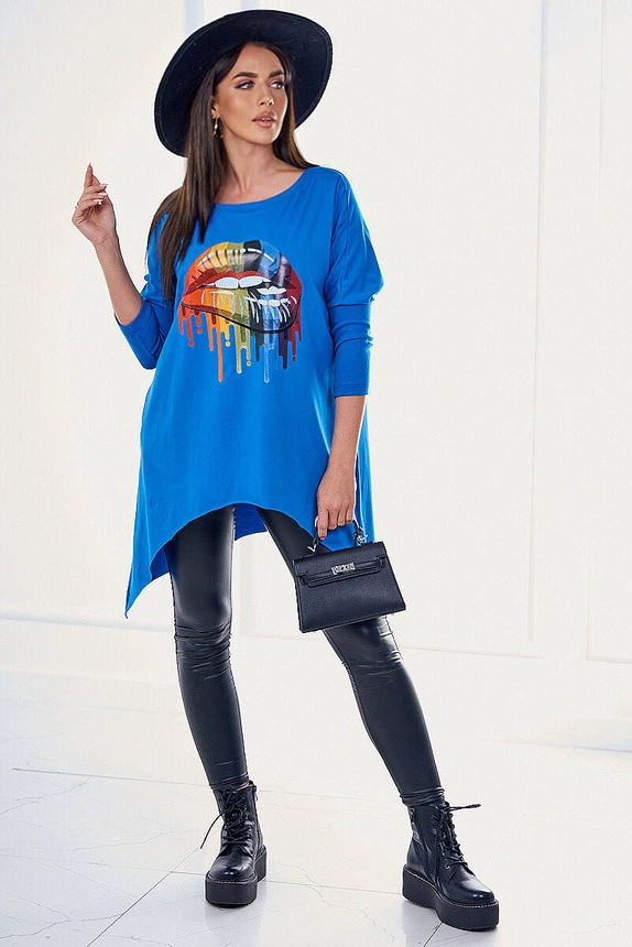 Oversize-Bluse mit Regenbogen-Lippen-Print kornblumenblau