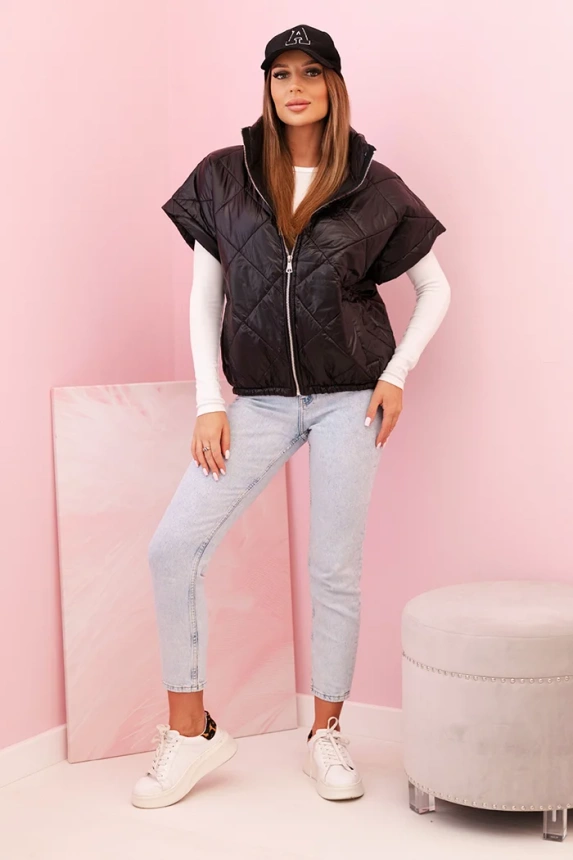 Dámska prešívaná vesta s krátkym rukávom a stojačikom čierna