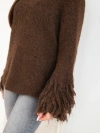 Women's sweater with fringes on the sleeves and a round neckline brown