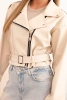 Short women's jacket made of eco-leather with a belt and collar beige